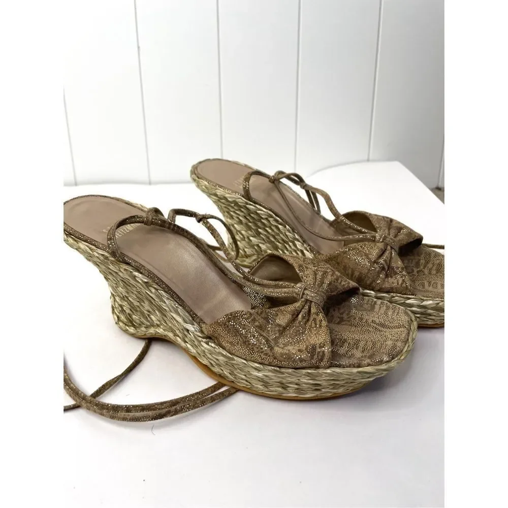 Stuart Weitzman Wishful Espadrilles Wedge Tan Nairobi‎ Patch Ankle Wrap Size 10